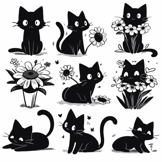 Фото Крупный план черной кошки с различными выражениями лица