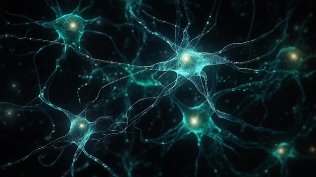 사진 녹색 표시등이 있는 뇌의 클로즈업과 왼쪽 생성 ai의 뉴런이라는 단어
