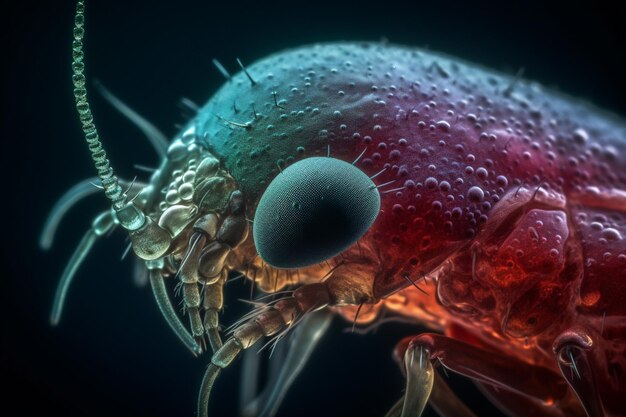 Фото Близкий взгляд на голову жука с красным и синим глазом