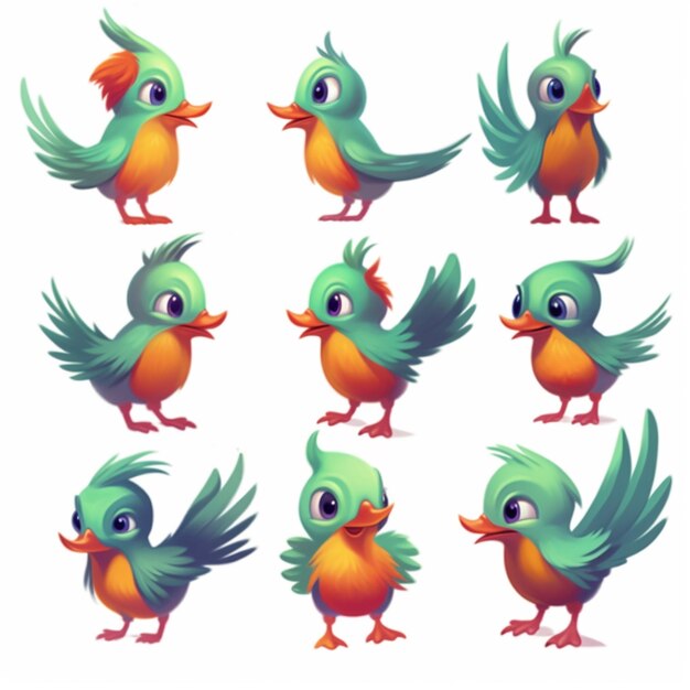 Фото Близкое изображение группы птиц с различными выражениями.