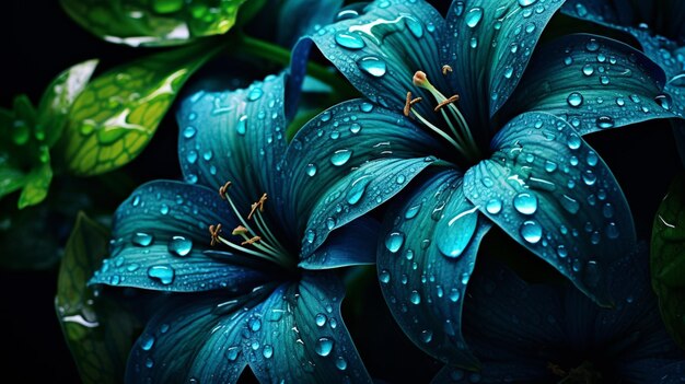 写真 水滴を生成する青い花の束のクローズアップ