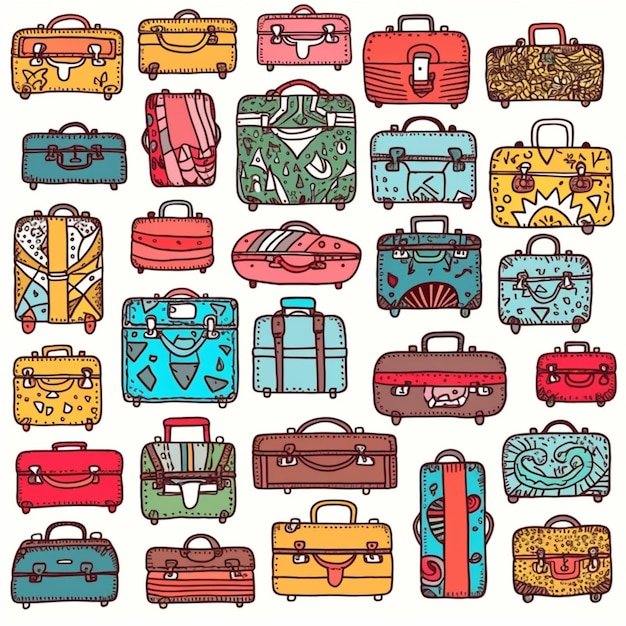 Фото Близкий взгляд на кучу разных цветных чемоданов генеративный ай
