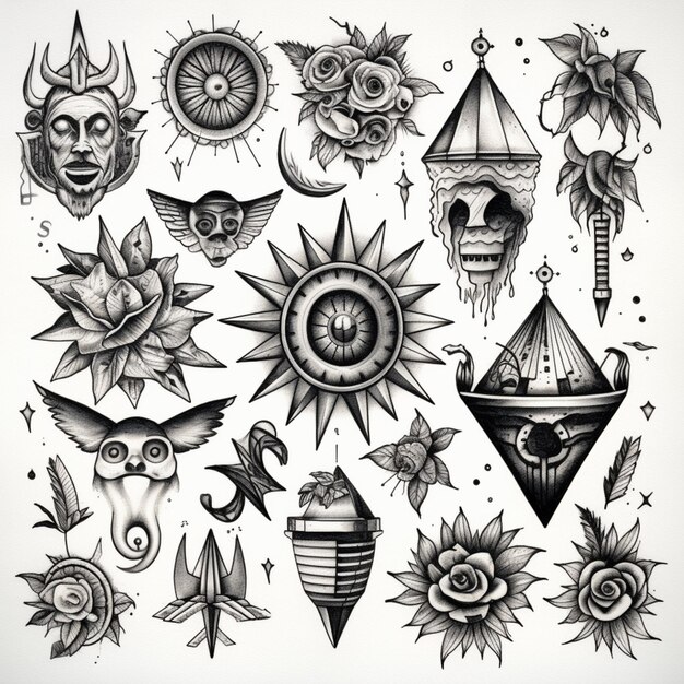 사진 색 배경에 있는 문신들의 클로즈업 (close up of a bunch of tattoos on a white background generative ai)