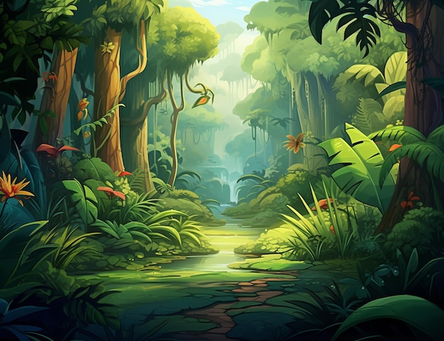 Фото Близкий взгляд на мультфильмный джунгли с ручьем и деревьями