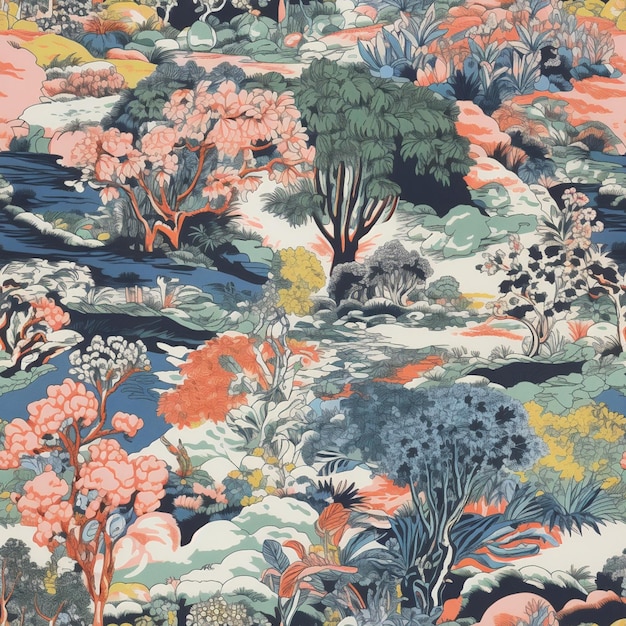 사진 강과 나무가 있는 다채로운 벽화의 클로즈업