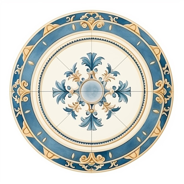 Фото Крупный план декоративной синей и белой пластины с круговым дизайном
