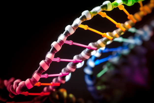 写真 ピンク、緑、青のライトが付いた dna 鎖の拡大図。