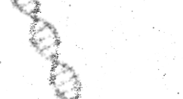 사진 이미지의 왼쪽 하단과 오른쪽 모서리에 작은 점이 있는 dna 가닥의 클로즈업