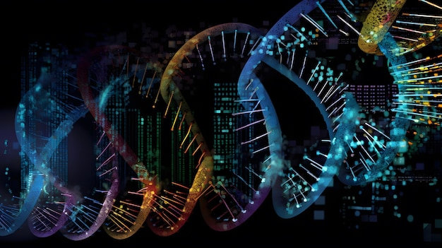 사진 검은색 배경에 대한 이중 질 dna 모델의 클로즈업 생성 ai