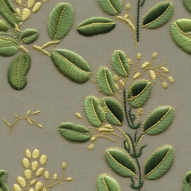 Фото Крупный план цветочного дизайна с зелеными листьями и золотой нитью.