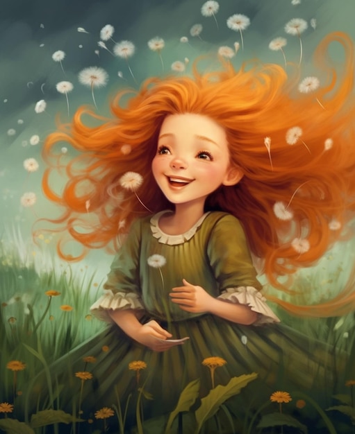 Фото Близкий взгляд на девушку с длинными рыжими волосами в поле цветов
