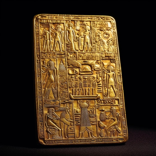 Фото Близкий взгляд на золотую табличку с египетскими надписями