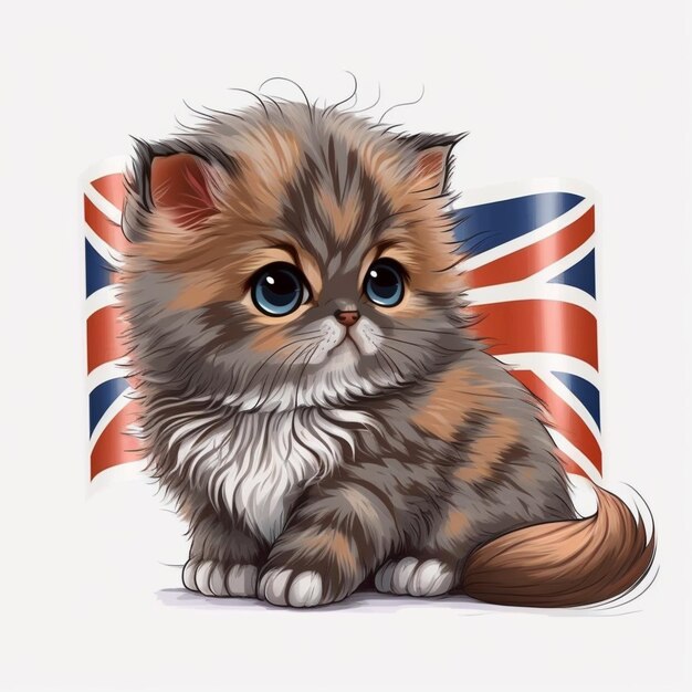 Фото Крупный план котенка, сидящего перед британским флагом с генеративным искусственным интеллектом
