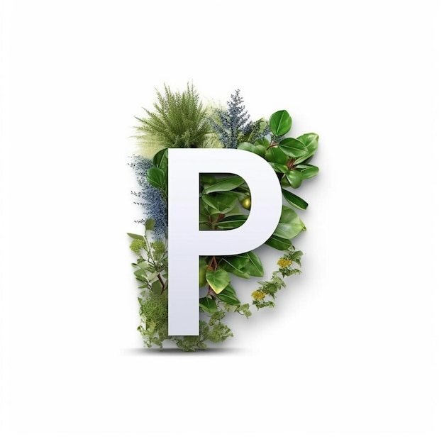 Фото Крупный план буквы p в окружении растений и листьев, генеративный ai