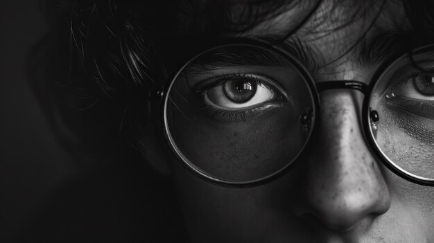 Фото Близкий кадр человека в очках, глядящего в камеру.