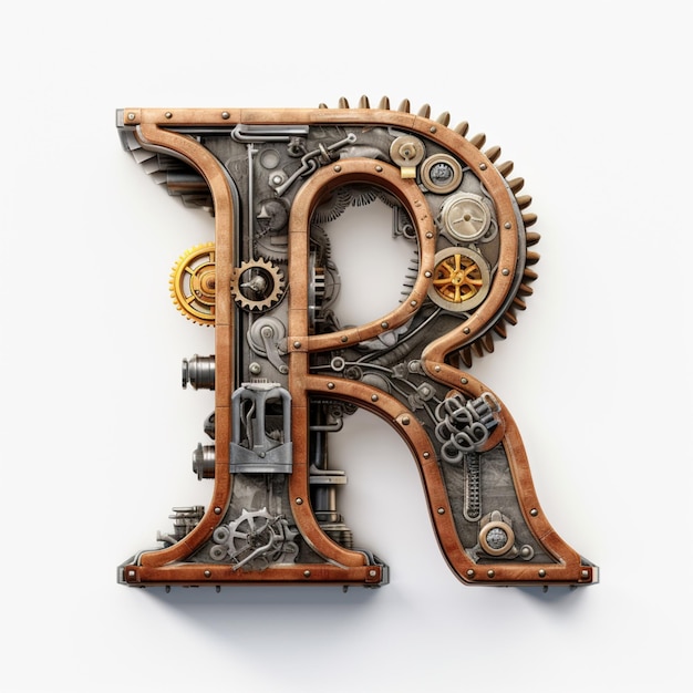 写真 歯車生成aiを備えた金属と木の文字「r」のクローズアップ