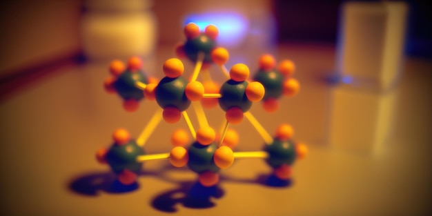 사진 주황색 및 녹색 구체가 있는 분자 모델의 a를 닫습니다.