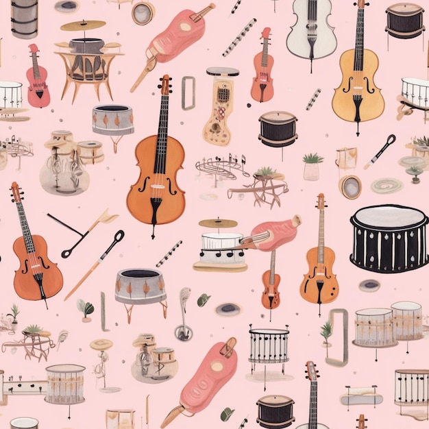 写真 ピンクの背景にある楽器のパターンのクローズアップ