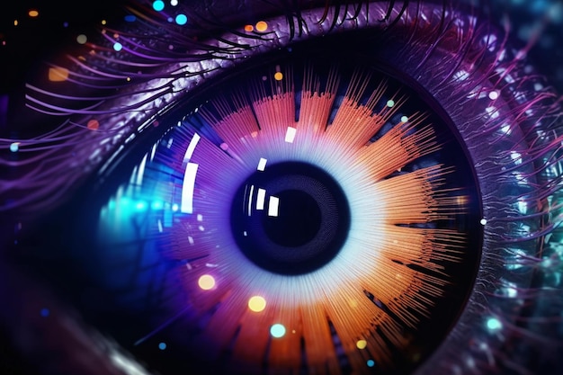 Фото Близкий взгляд на глаз человека с красочной радужной оболочкой
