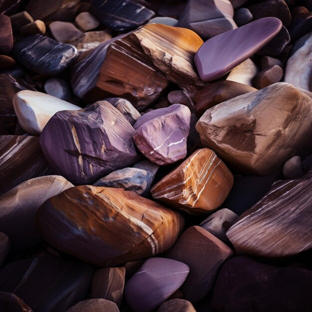Фото Крупный план кучи камней и камней на пляже, генеративный ии