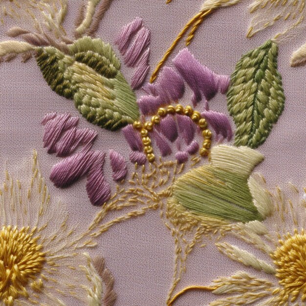 Фото Крупный план фиолетового цветочного дизайна с желтыми цветами и листьями.