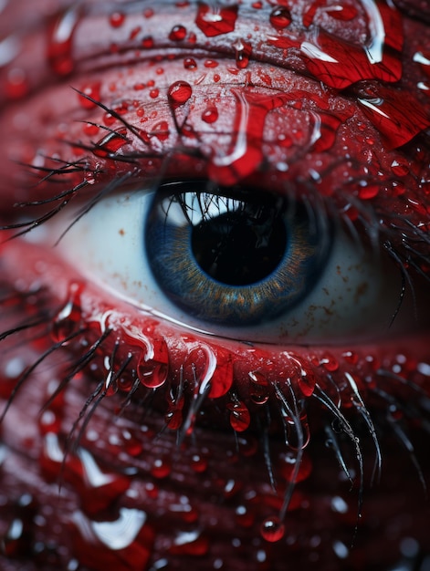 Фото Близкий взгляд на красный глаз с каплями воды на нем