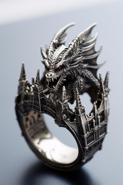 Фото Близкий снимок кольца с драконом на нем генеративный ай