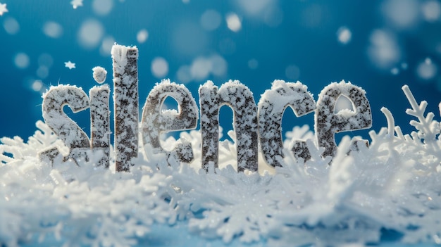 Фото Близкий взгляд на покрытое снегом слово с снежинками