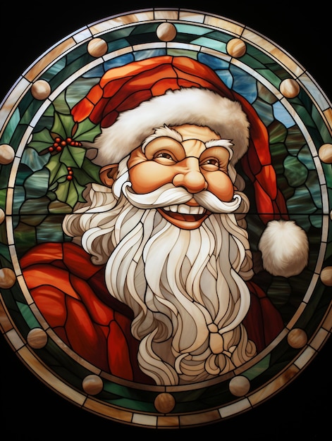 사진 산타클로스의 얼굴을 가진 스테인드 글래스 창문의 클로즈업