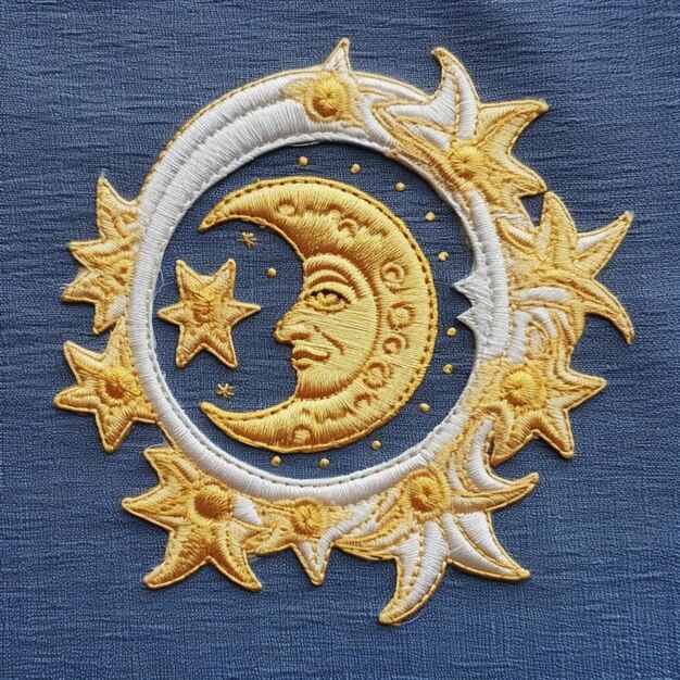 Фото Близкий взгляд на солнце и луну с звездами на синей ткани
