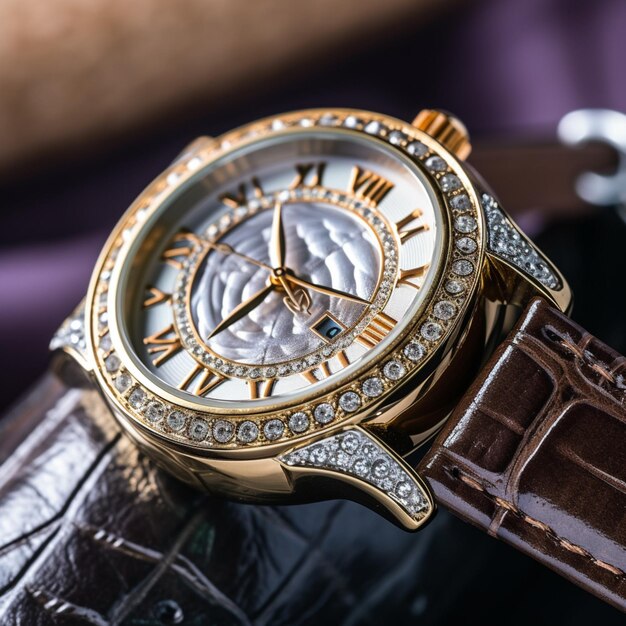 Фото Близкое изображение часов с бриллиантовым обрамлением.