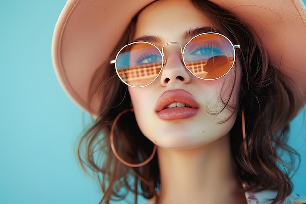 Фото Близкий взгляд на женщину в шляпе и солнцезащитных очках