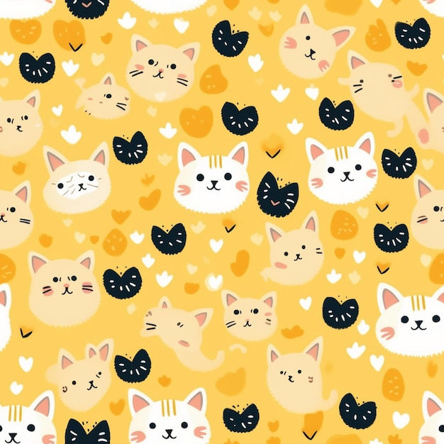 Фото Близкий взгляд на желтый фон с кошками и сердцами