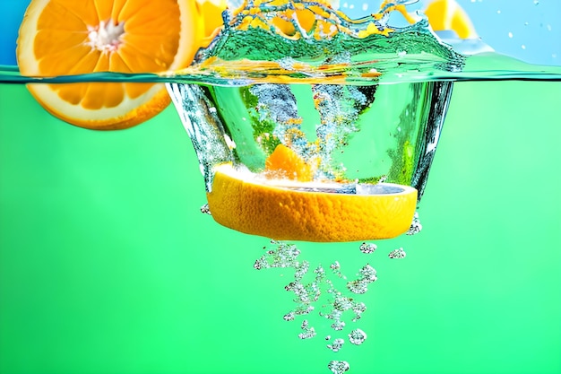Фото Близкий взгляд на апельсин, брошенный в воду, апельсины, плавающие в воде