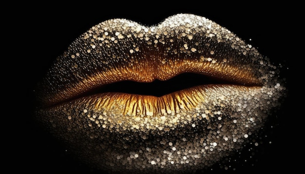 Фото Крупный план гламурных золотых блестящих губ на черном фоне