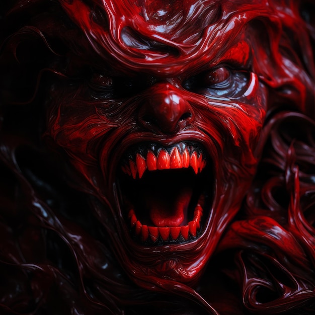 Фото Крупный план лица демона, изо рта которого капает кровь