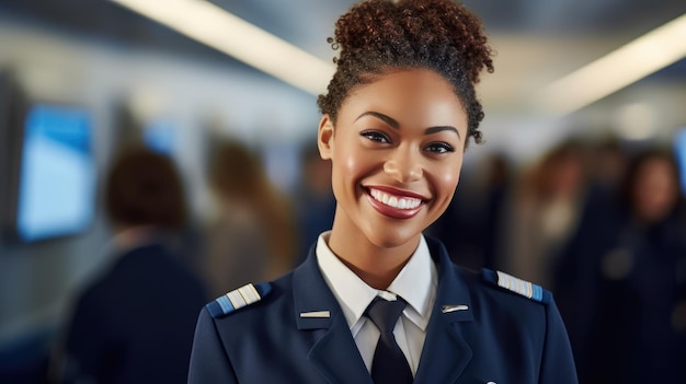 写真 飛行機のキャビンの廊下に立って笑顔で乗客を温かく迎している女性乗務員のクローズアップショット generative ai (ジェネレーティブai)