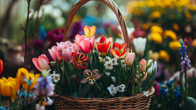写真 季節 の 美しさ を 象徴 する バスケット に 配置 さ れ て いる 色々 な 春 の 花 の 近く の 写真