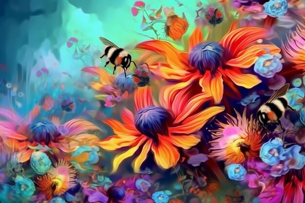 写真 蜂と色とりどりの野花のクローズアップショット 蜂は花から蜂蜜を集めます 生成人工知能