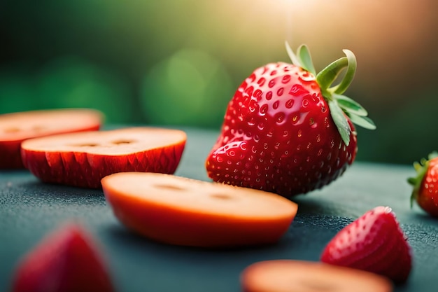 A close up van een aardbei en appelschijfjes