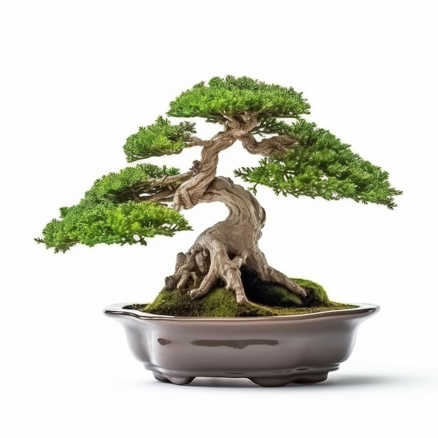 A close up van een bonsaiboom in een pot op een witte achtergrond generatieve ai