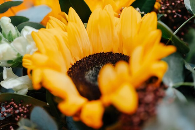 Foto a close up van een gele zonnebloem in boeket