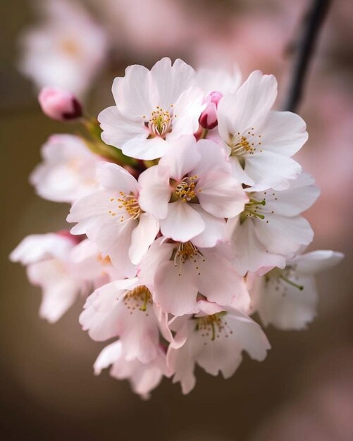 A close up van een kersenbloesem met roze bloemen