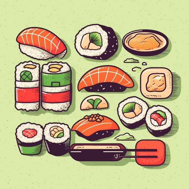 A close up van een stelletje sushi op een groene achtergrond generatieve ai