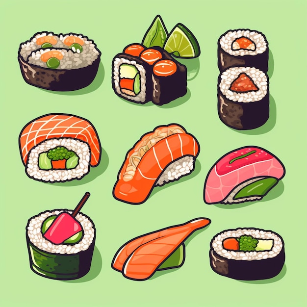 Foto a close up van een stelletje sushi op een groene achtergrond generatieve ai