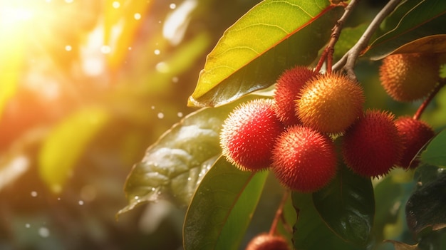 A close up van een tropisch fruit aan een boom