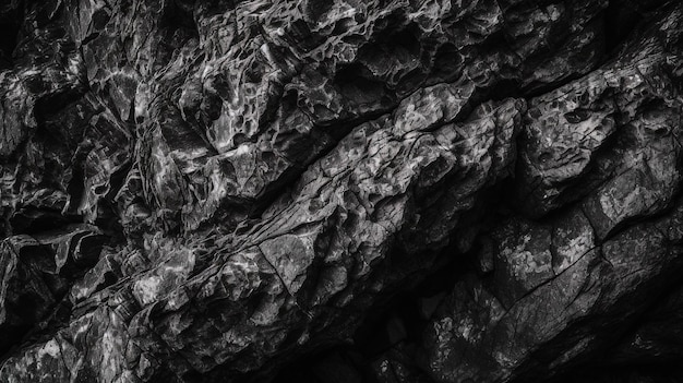 A close up van een zwarte rots met een ruwe textuur.