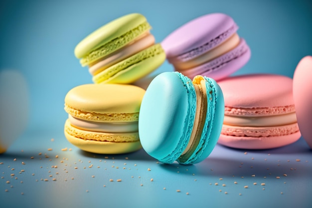 A close up van kleurrijke macaron gebakjes tegen een blauwe achtergrond koken en culinair concept