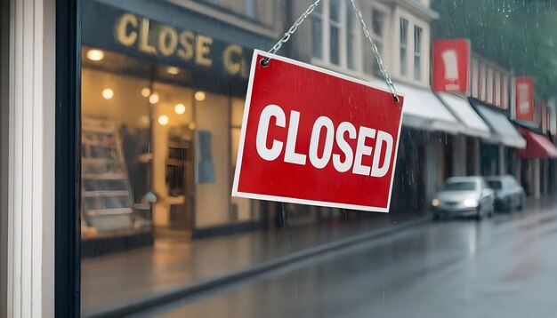 写真 雨の日店の窓の前で閉ざされた看板がぶら下がっている