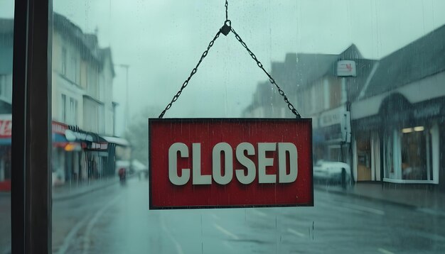 写真 雨の日店の窓の前で閉ざされた看板がぶら下がっている